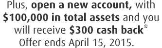 Plus open a new account with $100,000 in total assets and you will receive $300 cash back* Offer ends March 31, 2015